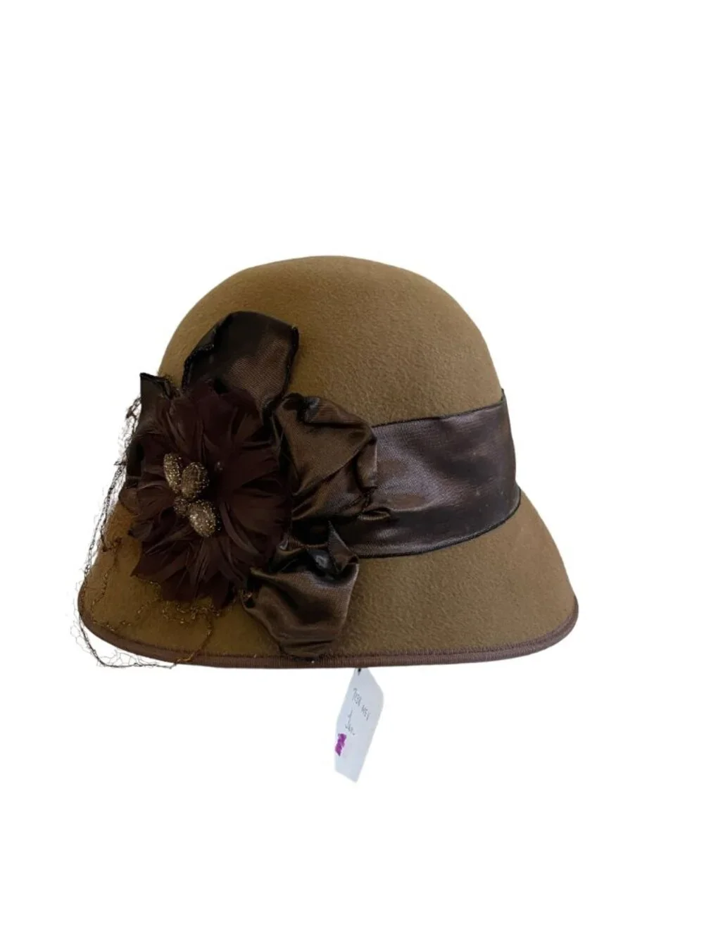 Louise Green Brown Wool Cloche Hat Satin Ribbon Feather Rhinestone Flower Accent